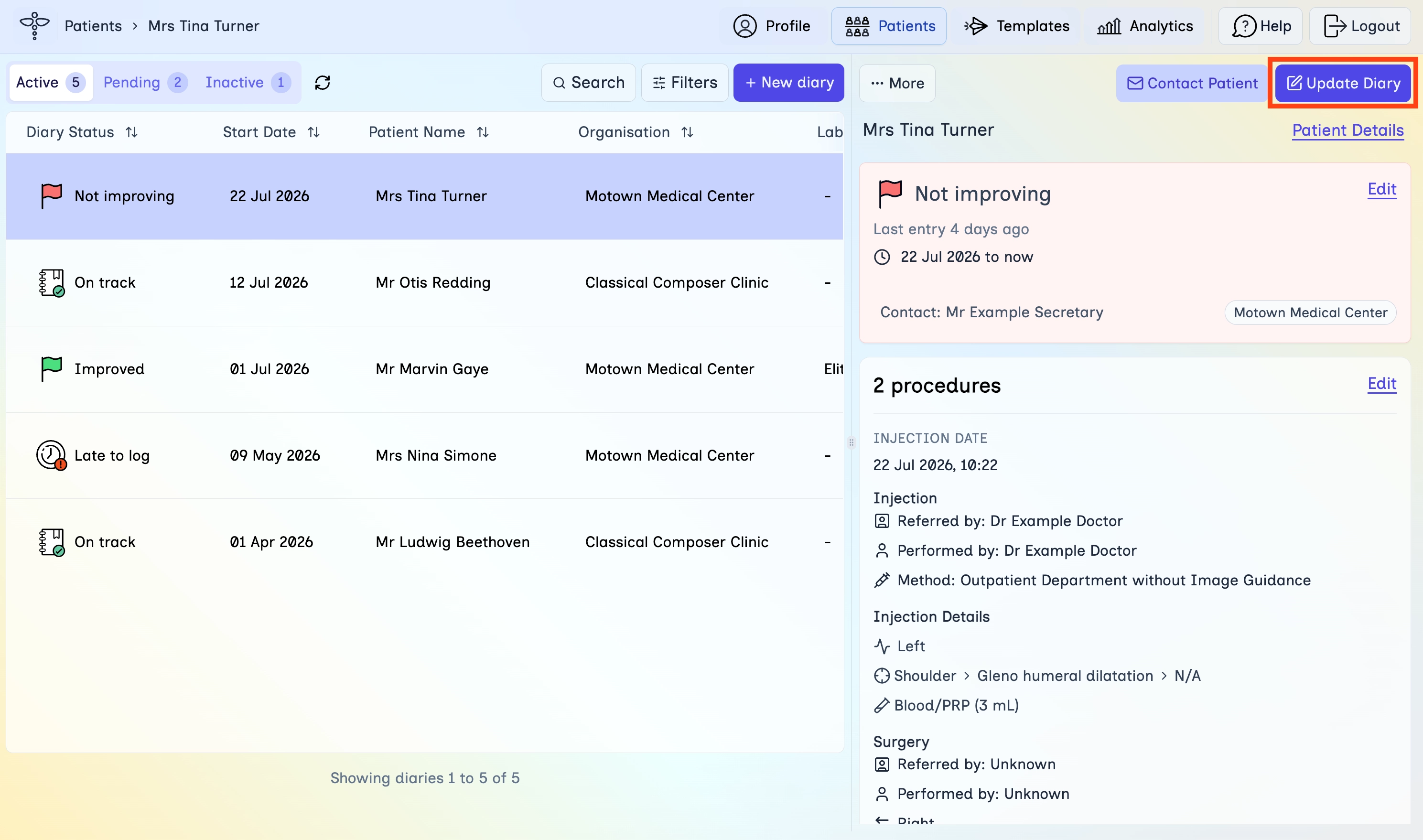 Patients page with a diary selected and Update Diary highlighted