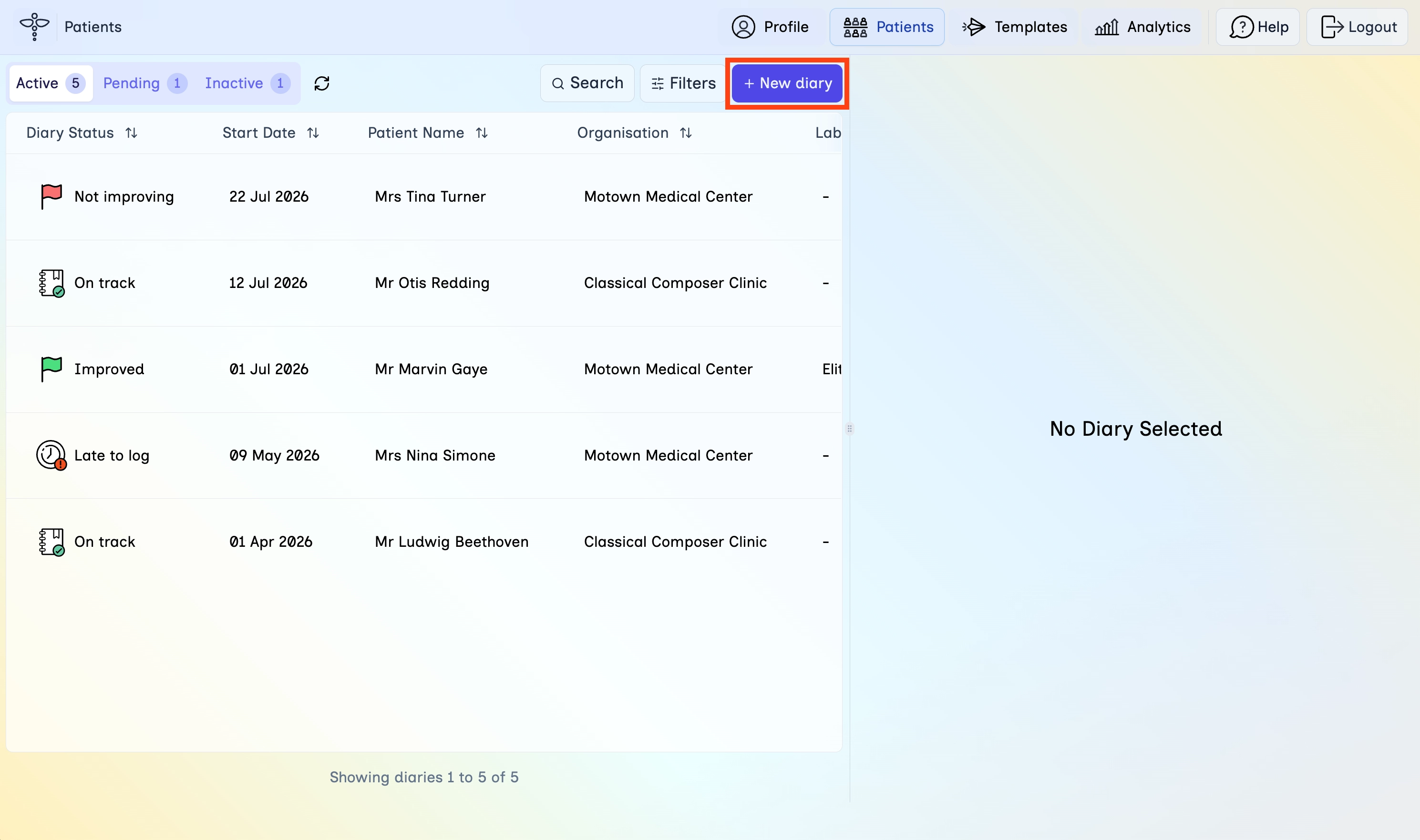 Patients page with the New diary button highlighted