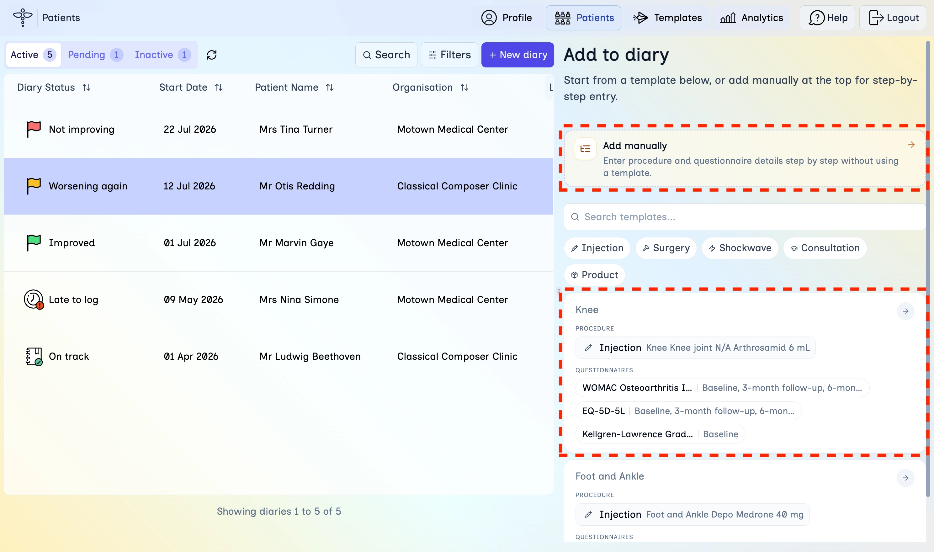 Add to diary panel showing Add manually and template cards