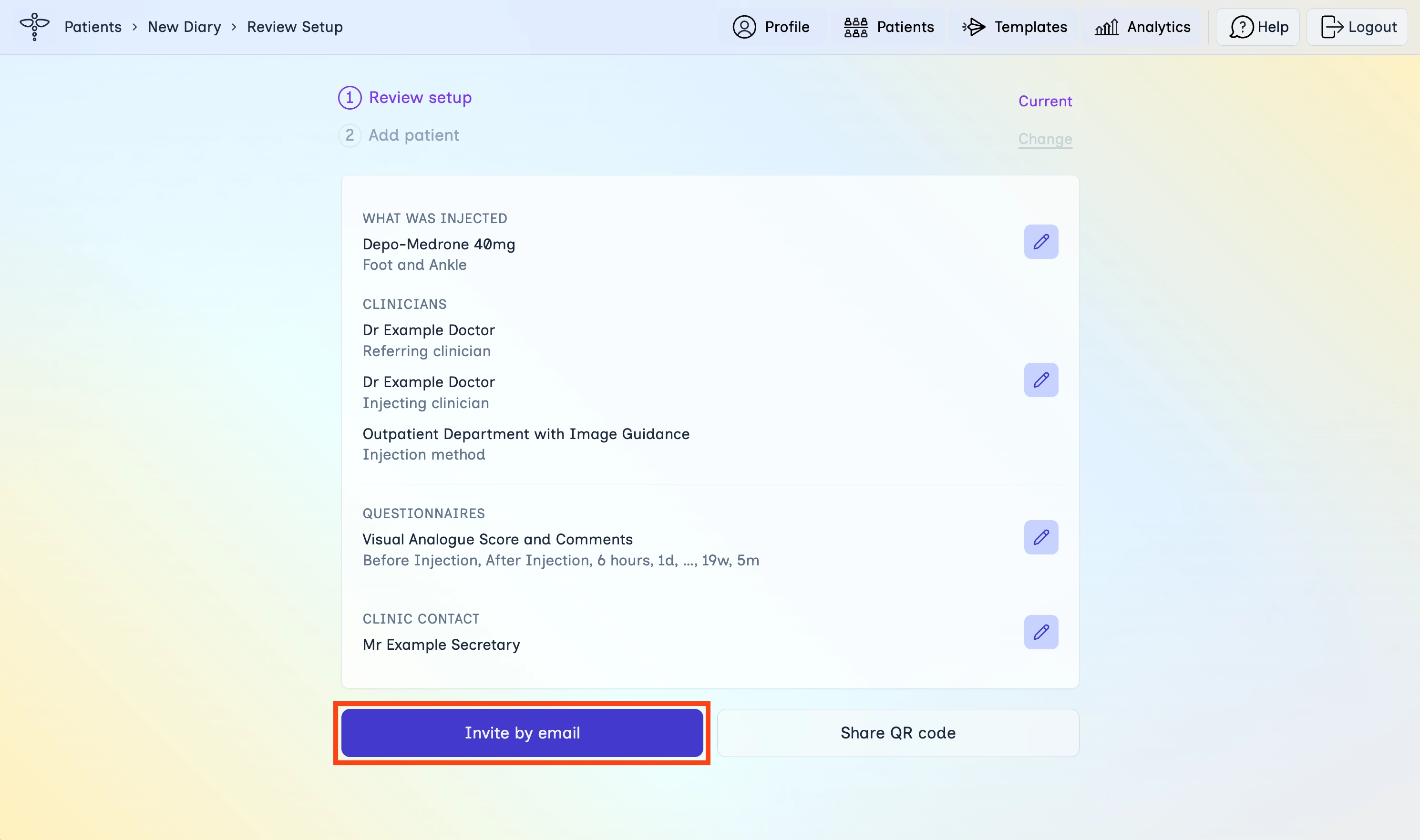 Review setup screen with Invite by email highlighted