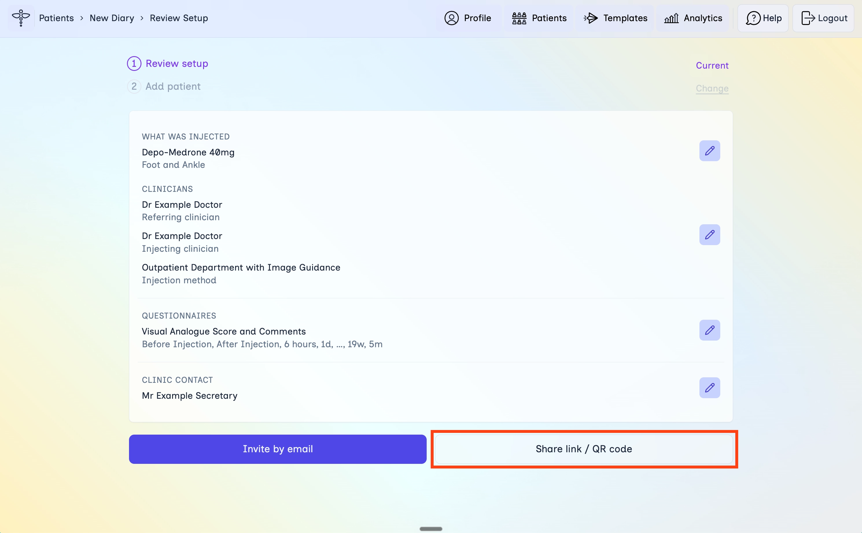 Review setup screen with Share link / QR code highlighted
