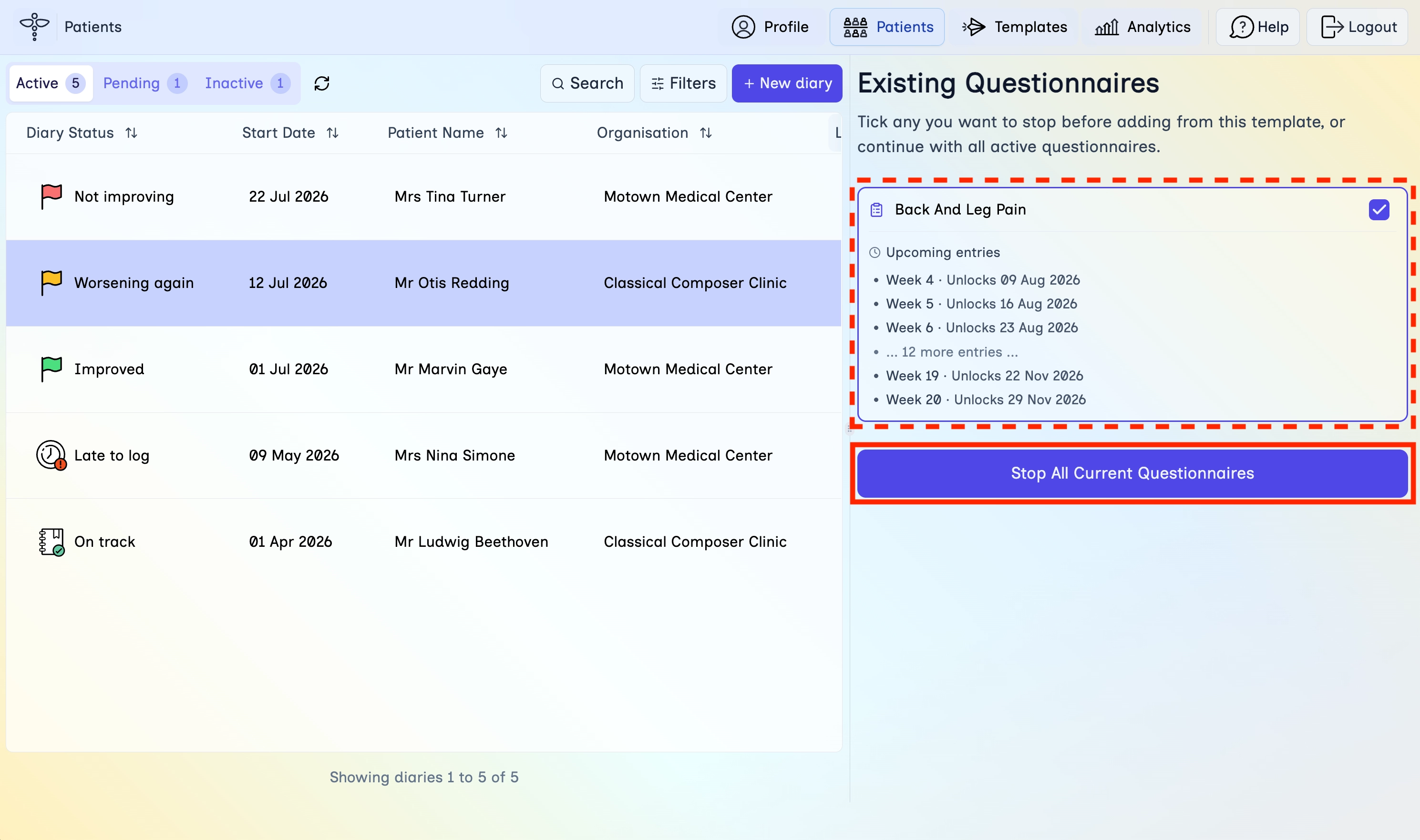 Existing Questionnaires panel with Stop All Current Questionnaires highlighted