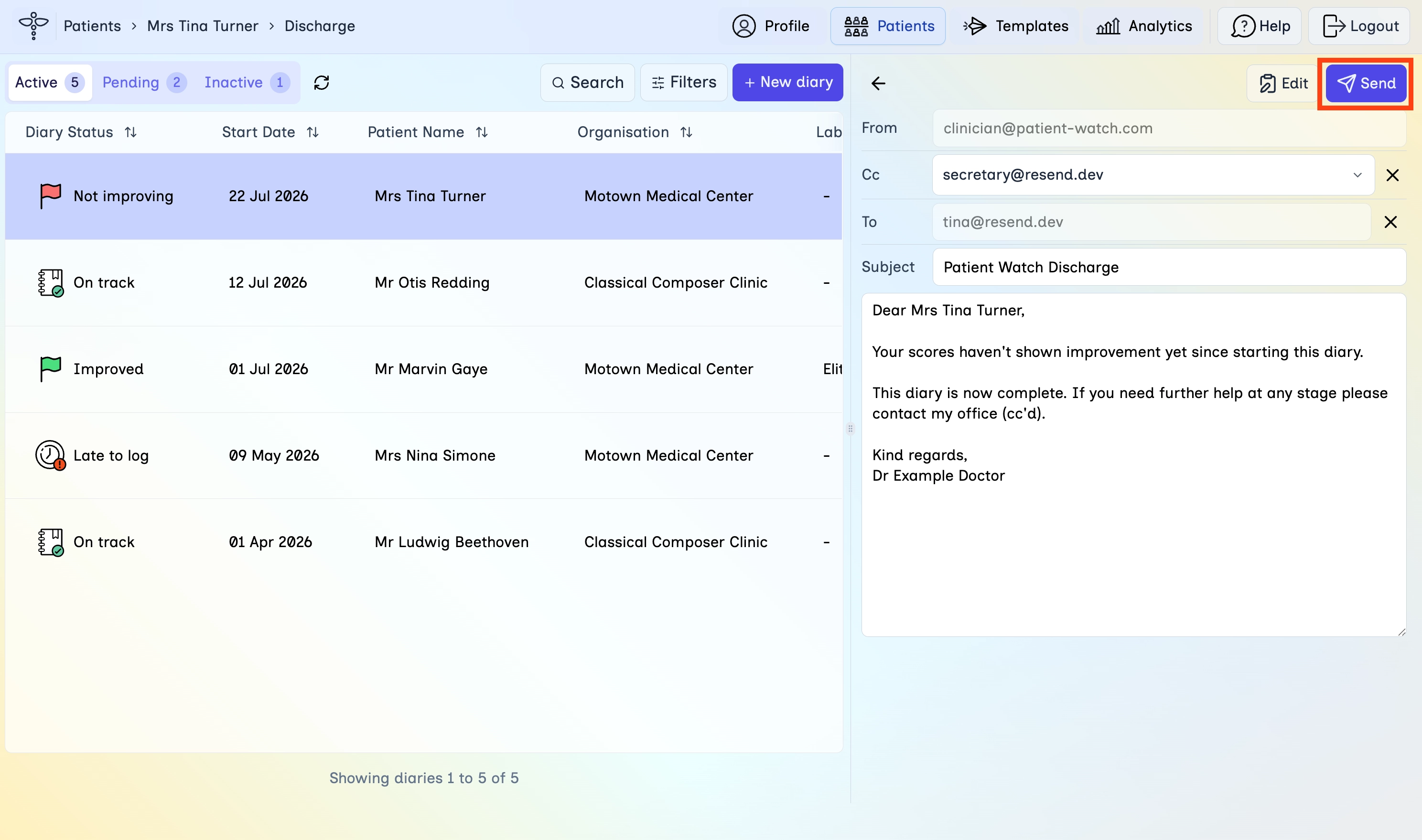 Discharge message composer with Send highlighted