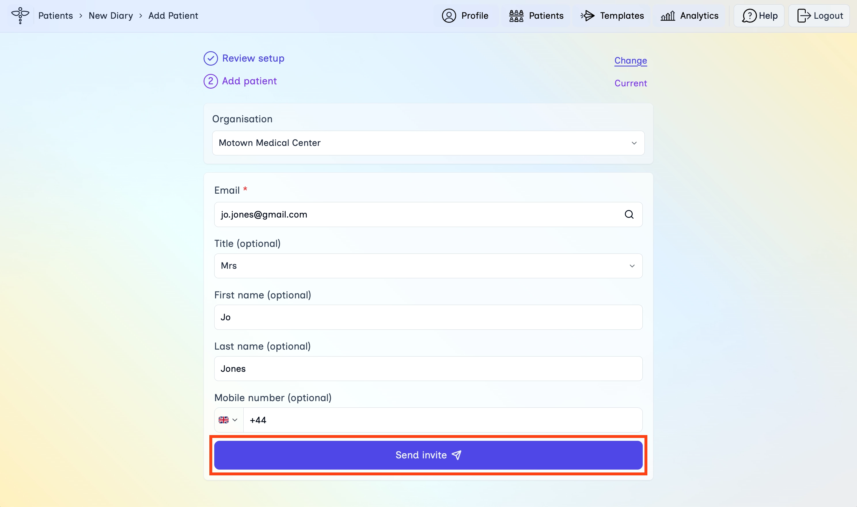 Add patient form with Send invite highlighted