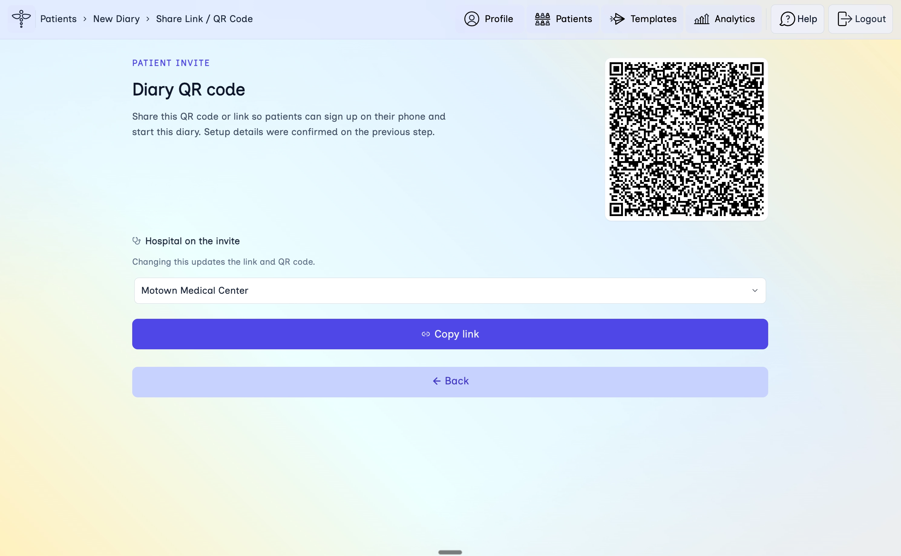 Diary QR code page with copy link and hospital selector