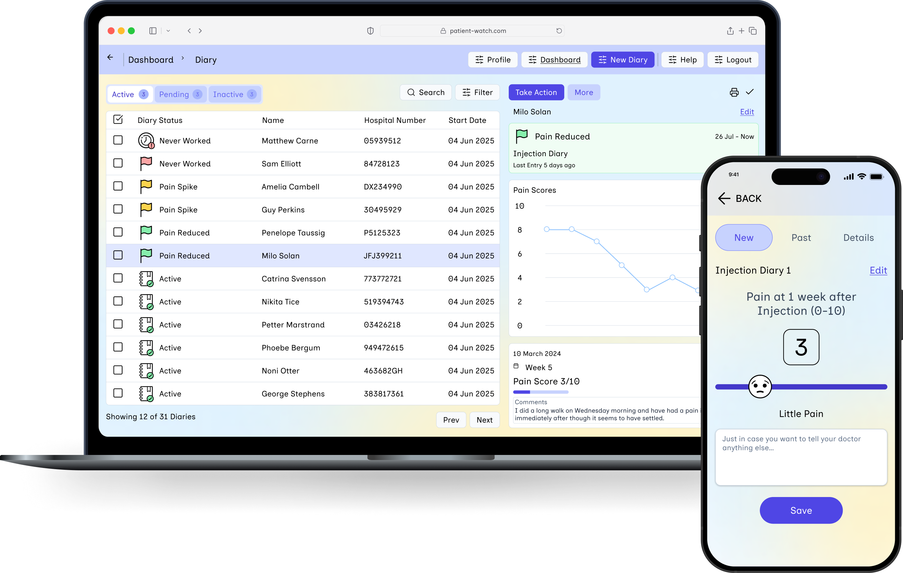 Patient Watch app on desktop and mobile