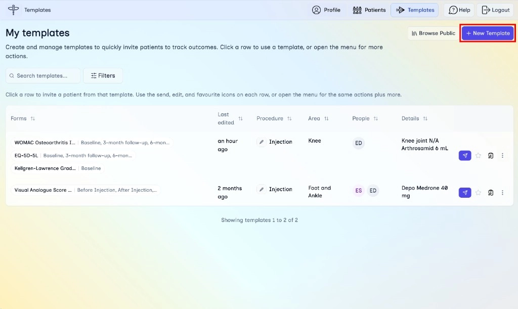 My templates page with New Template button highlighted