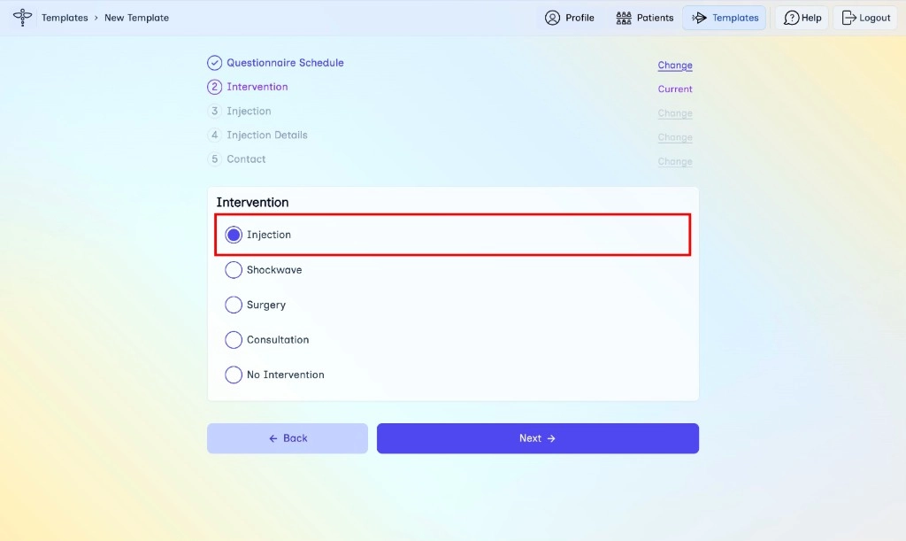 Intervention step with Injection selected